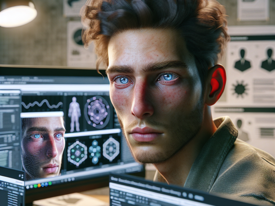 A man sits at a desk surrounded by computer monitors displaying facial recognition software and data analytics.
