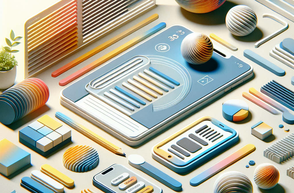 A collection of abstract, colorful 3D elements including spheres, rectangles, and tablet-like screens arranged on a surface, resembling a futuristic user interface or design layout.