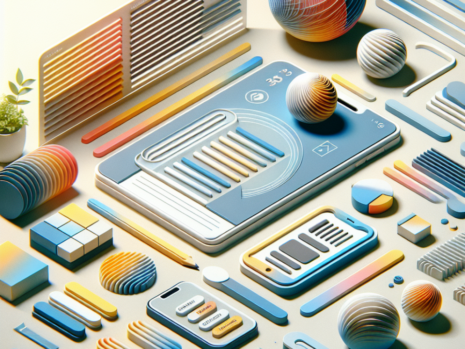 A collection of abstract, colorful 3D elements including spheres, rectangles, and tablet-like screens arranged on a surface, resembling a futuristic user interface or design layout.