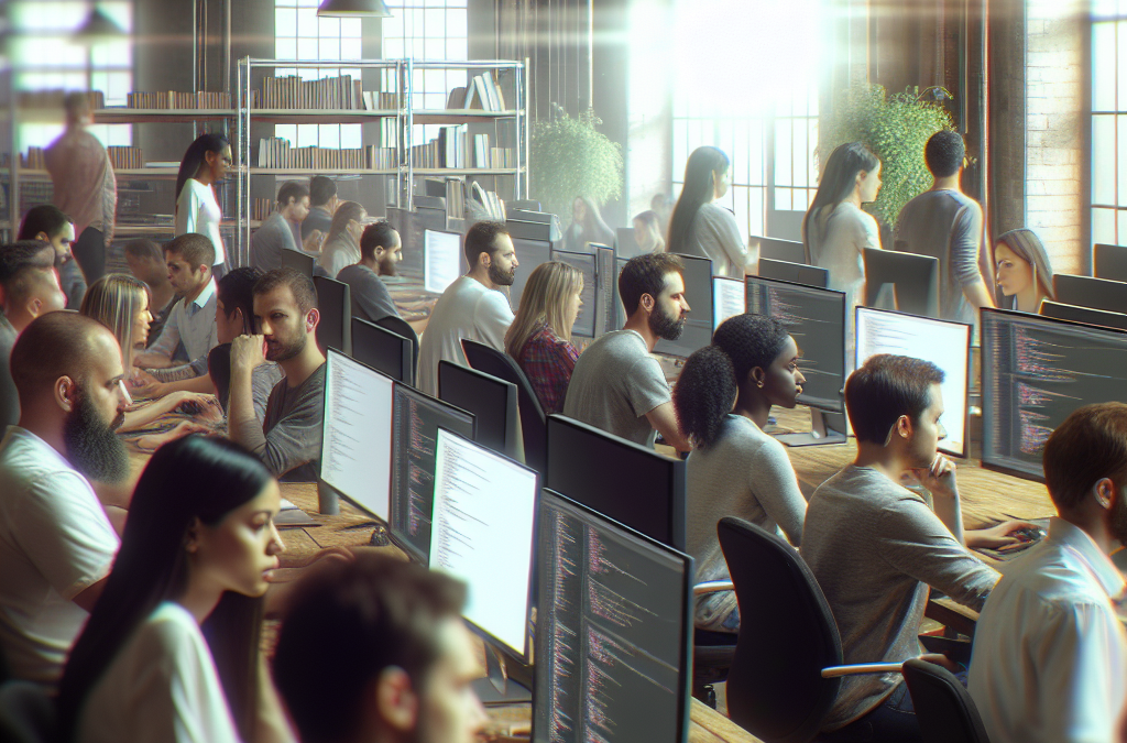 A large open-plan office with many people working at desks with computers displaying code. The space is well-lit with natural light coming through large windows.