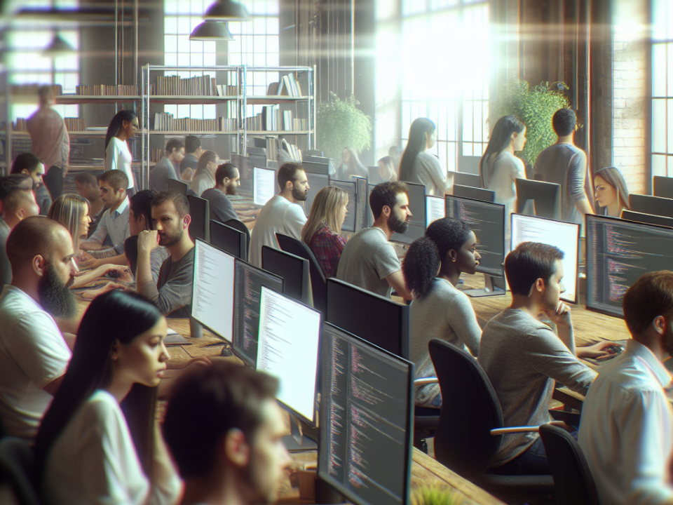A large open-plan office with many people working at desks with computers displaying code. The space is well-lit with natural light coming through large windows.