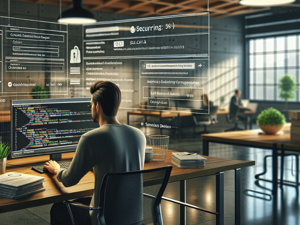 A person working on a computer with holographic code and security displays in a modern office setting.