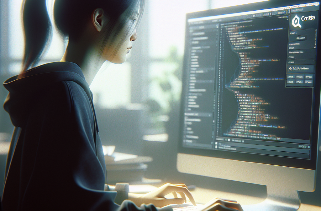 A person typing at a computer with code displayed on the monitor.