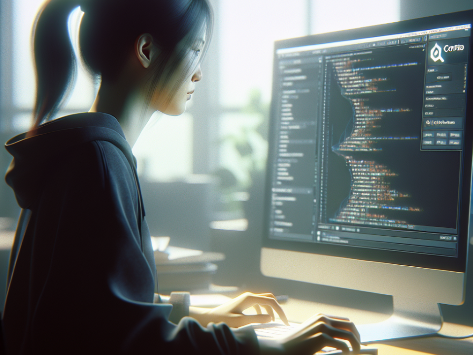 A person typing at a computer with code displayed on the monitor.