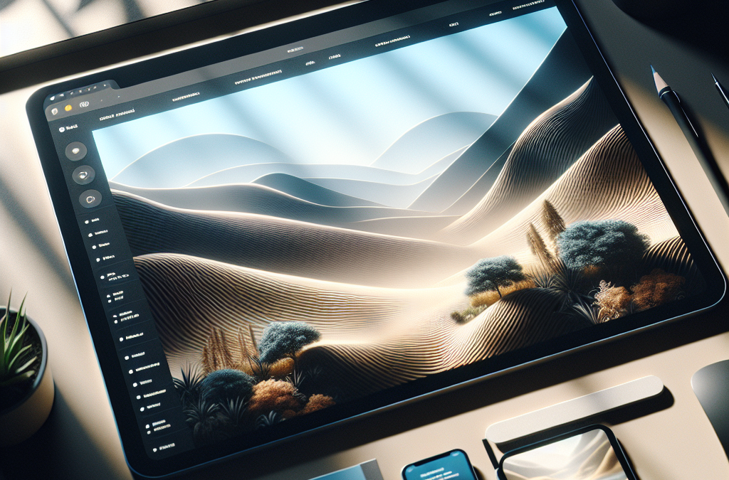 A digital tablet displaying a landscape illustration with hills and trees, surrounded by other tech gadgets like a smartphone and a laptop, alongside a cup of coffee and a small plant on a desk.