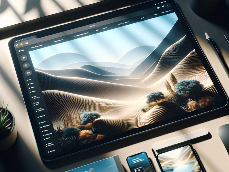 A digital tablet displaying a landscape illustration with hills and trees, surrounded by other tech gadgets like a smartphone and a laptop, alongside a cup of coffee and a small plant on a desk.