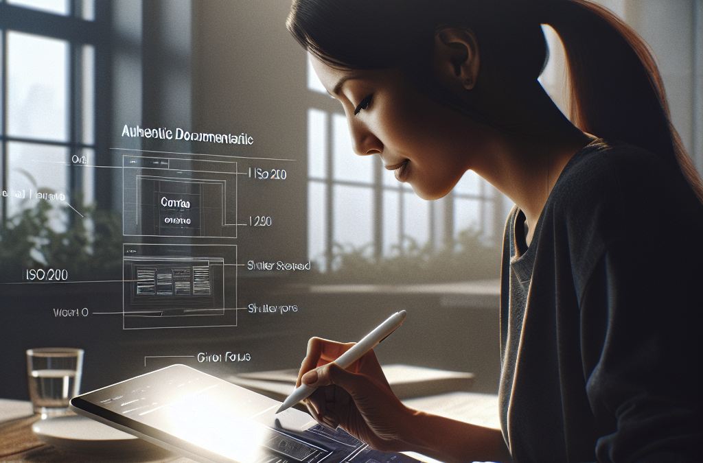 A woman using a stylus on a digital tablet with floating interface elements. The setting is a room with large windows, and light is streaming in, creating a focused atmosphere.