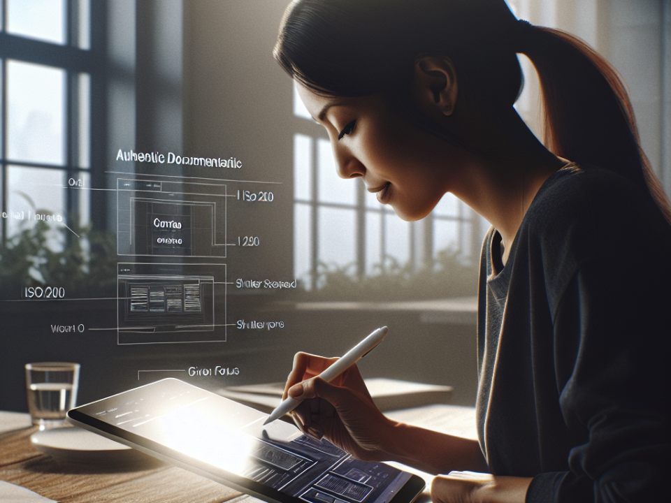 A woman using a stylus on a digital tablet with floating interface elements. The setting is a room with large windows, and light is streaming in, creating a focused atmosphere.