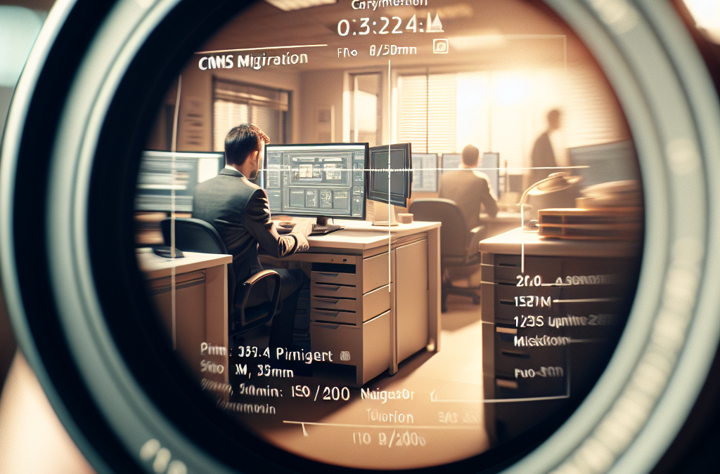 A photography lens focusing on a man working at a computer with multiple monitors in an office setting. Other people are seen working in the background.