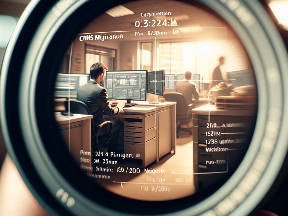 A photography lens focusing on a man working at a computer with multiple monitors in an office setting. Other people are seen working in the background.