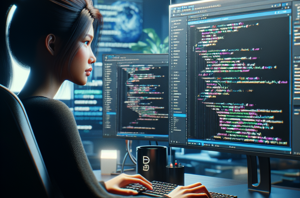 A person is sitting at a desk in a dimly lit office, working on code displayed on two computer monitors. The environment is modern with a focused atmosphere.