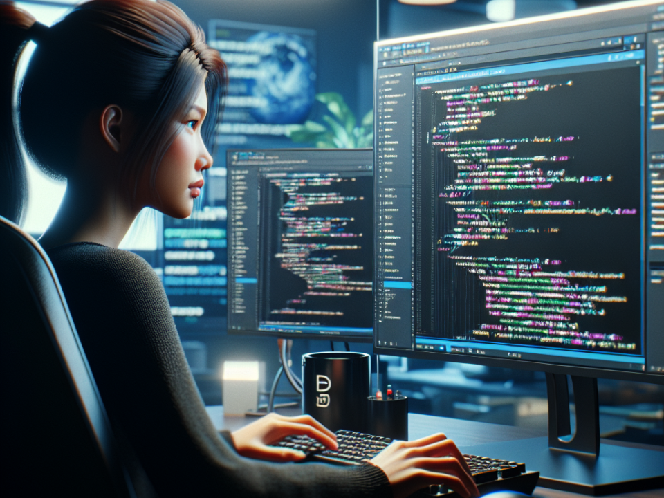 A person is sitting at a desk in a dimly lit office, working on code displayed on two computer monitors. The environment is modern with a focused atmosphere.