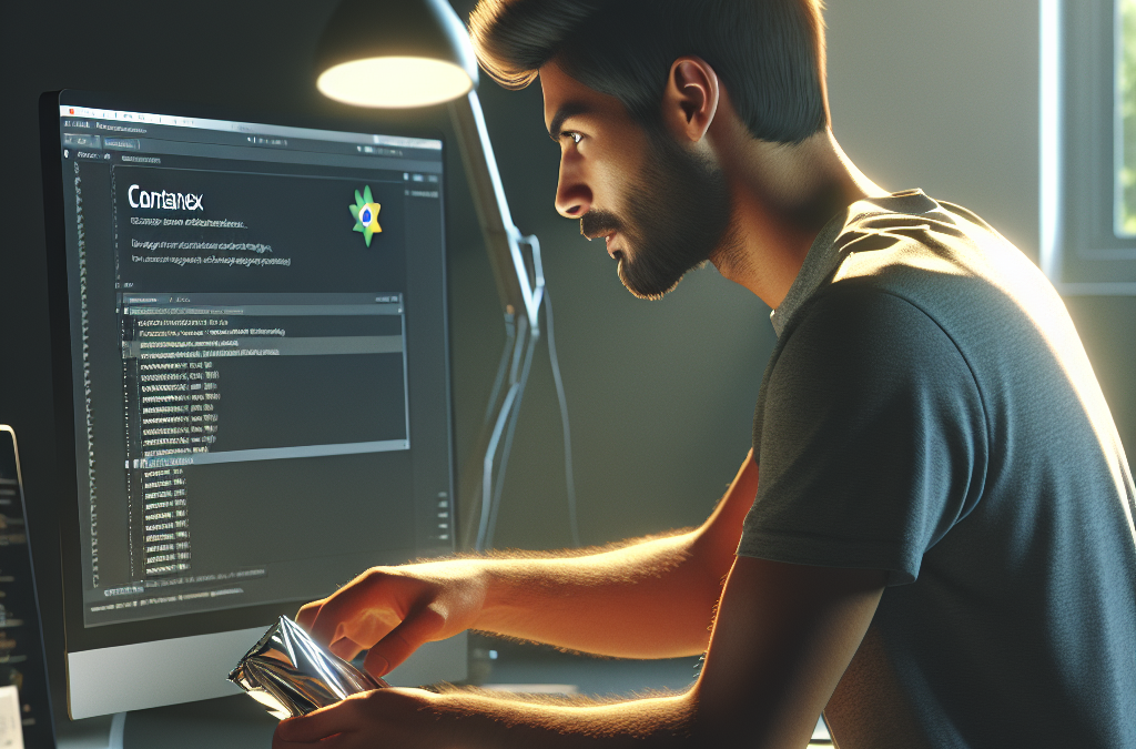 A man is sitting at a desk in a dimly lit room, appearing focused as he works on a computer. The screen displays code. A lamp illuminates his workspace.