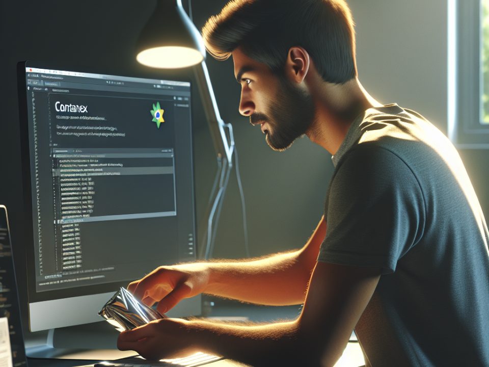 A man is sitting at a desk in a dimly lit room, appearing focused as he works on a computer. The screen displays code. A lamp illuminates his workspace.