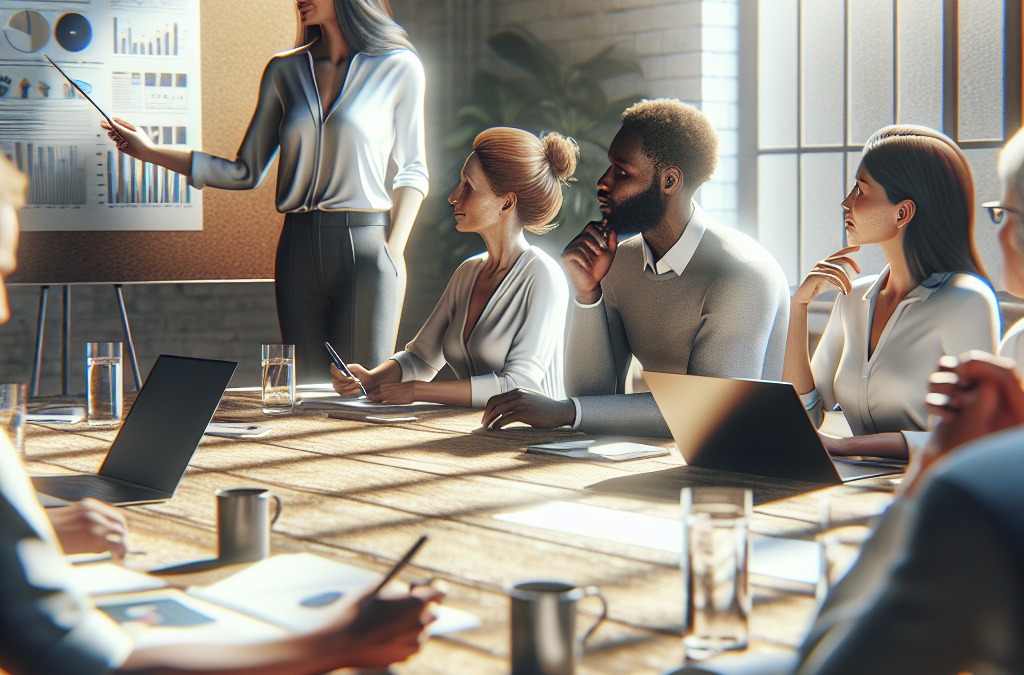 A diverse group of people in a meeting room, with a woman presenting charts and graphs on a board.