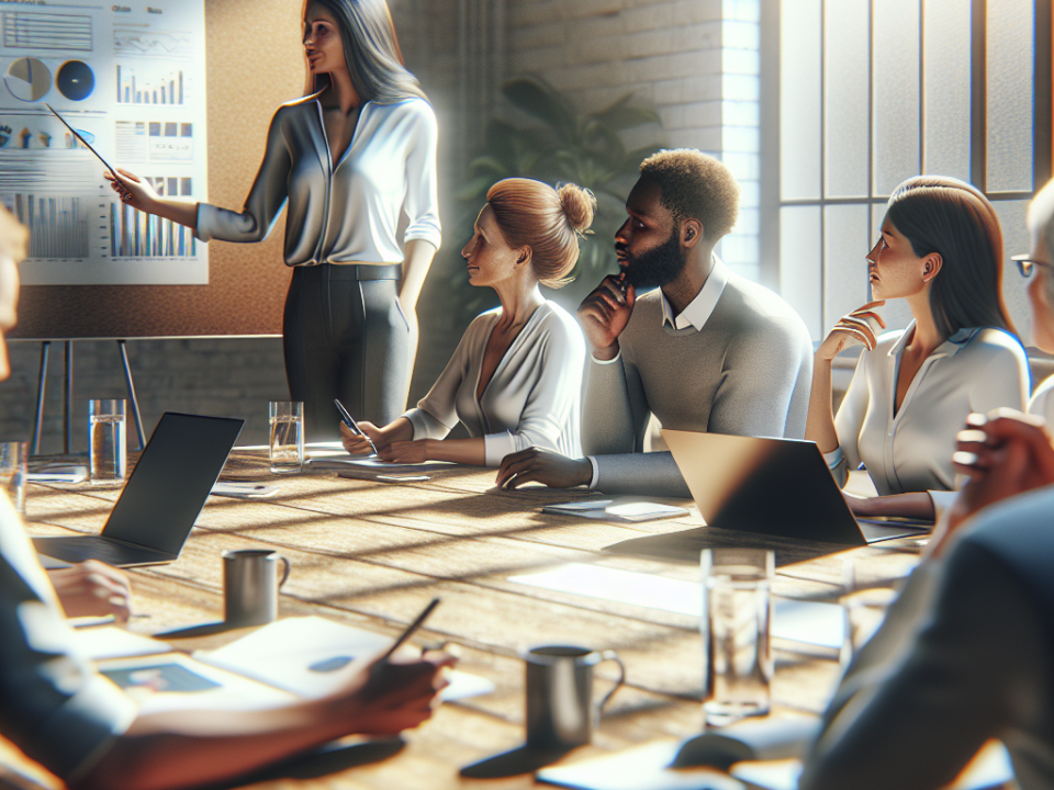 A diverse group of people in a meeting room, with a woman presenting charts and graphs on a board.