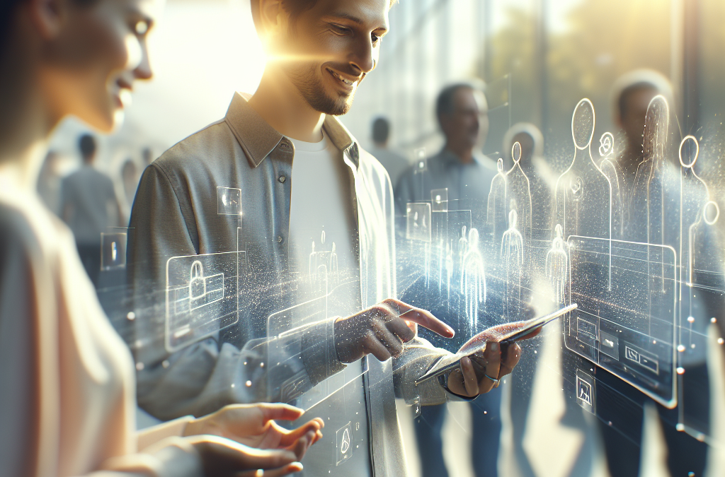 A man and a woman are interacting with a digital tablet, surrounded by holographic icons representing security and technology in a sunlit, futuristic setting.