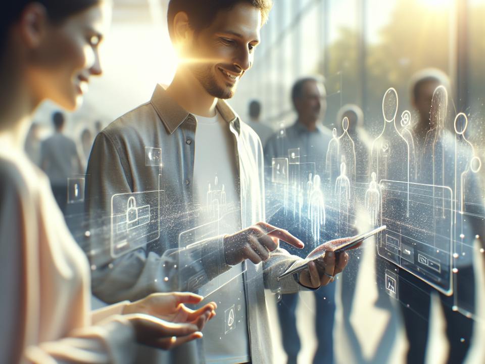 A man and a woman are interacting with a digital tablet, surrounded by holographic icons representing security and technology in a sunlit, futuristic setting.