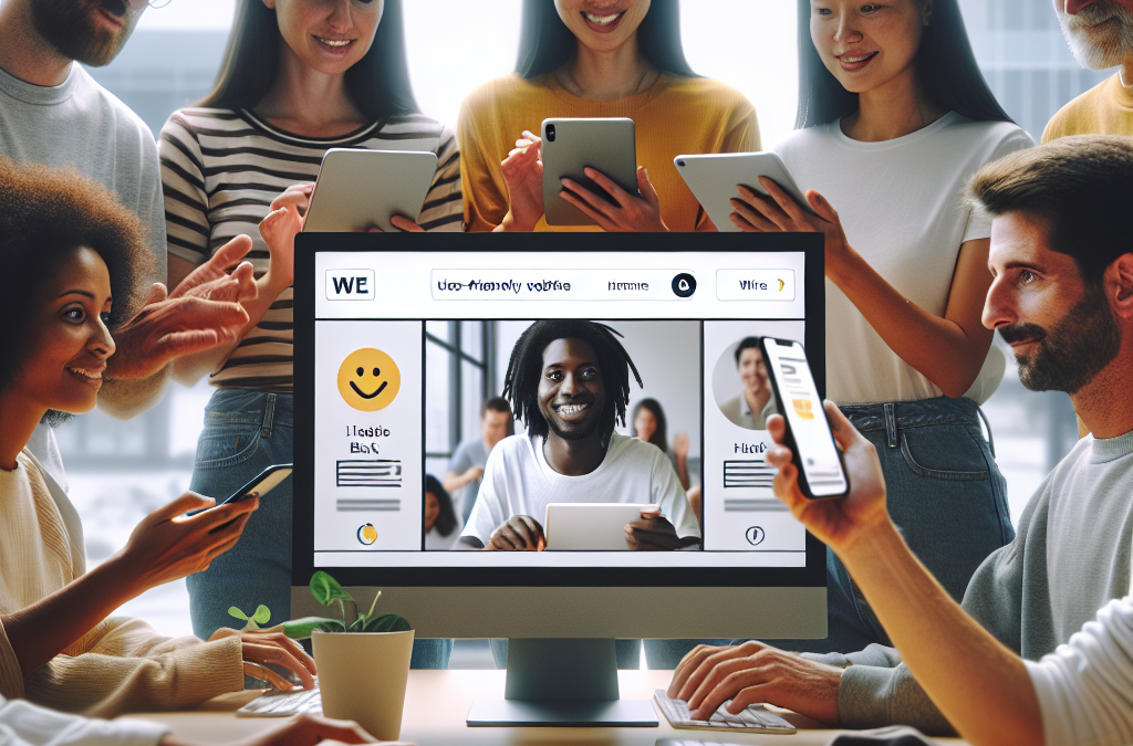 A group of diverse people smiling and using various digital devices around a desk with a large monitor displaying a video conference with a person on a video call.