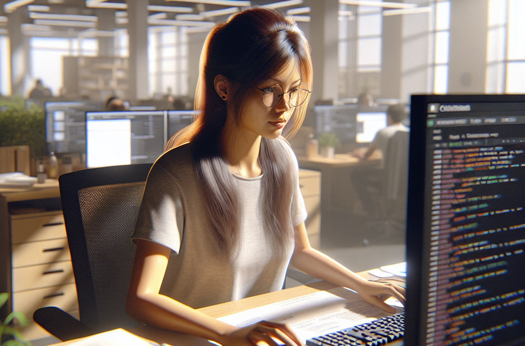 A woman with glasses is working on a computer in a modern office, with code displayed on her monitor. The office is bright and busy, with other workers in the background.