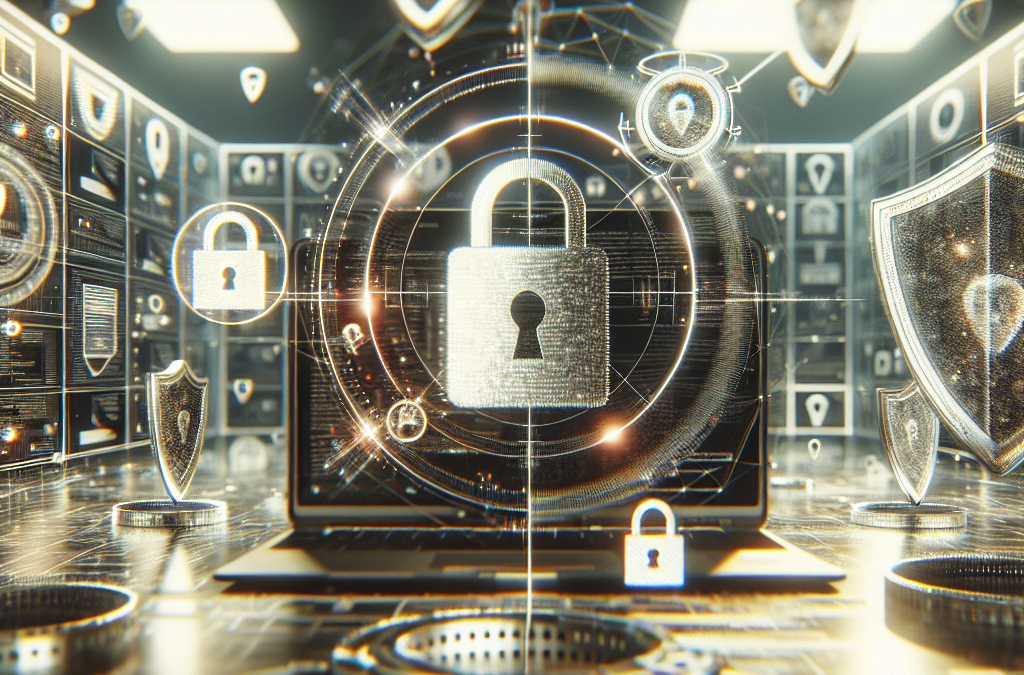 A digital illustration featuring a laptop surrounded by floating padlocks and security shields, symbolizing cybersecurity and data protection.