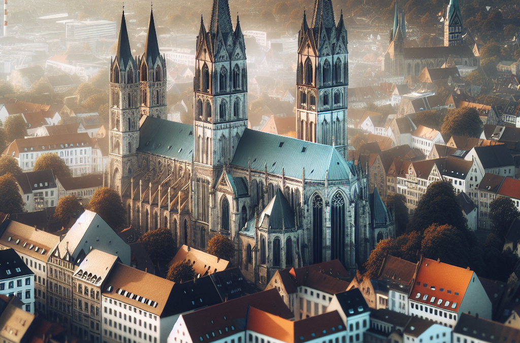Aerial view of a large Gothic cathedral with multiple spires, surrounded by a town with red-roofed buildings.