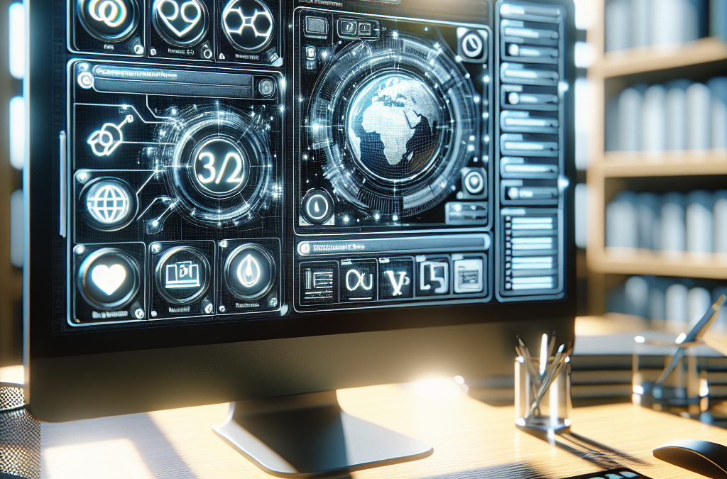 A computer monitor displaying futuristic digital interfaces and data visualizations, including a globe and various icons, set on a wooden desk with office supplies.