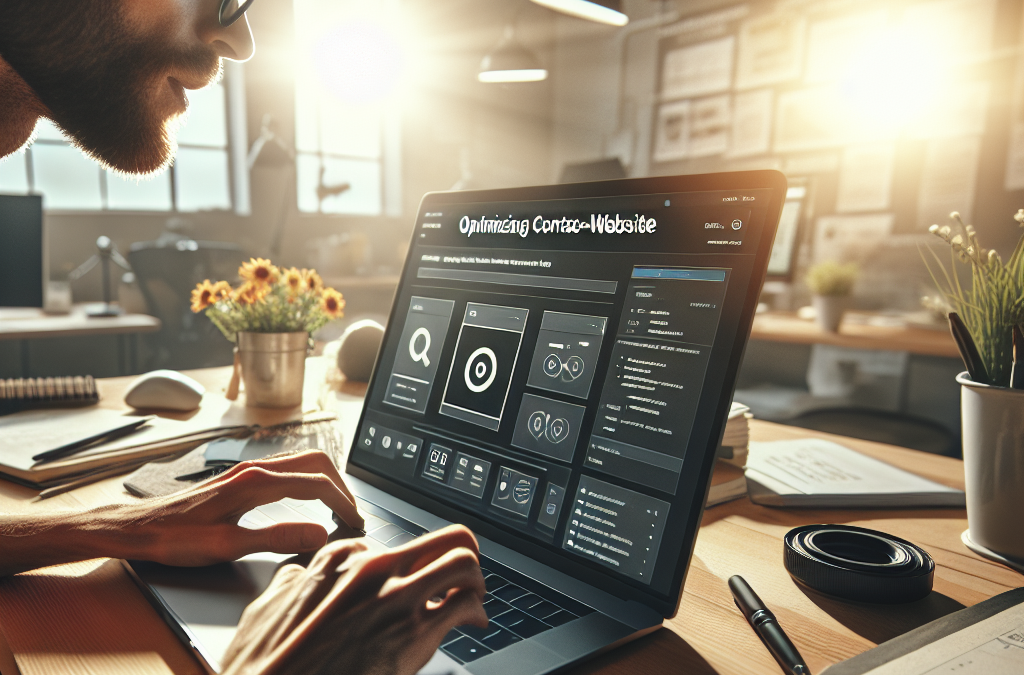 A person working on a laptop displaying a website optimization interface in a sunlit office setting.