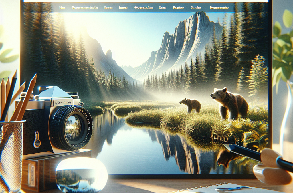 Alt text: A cozy office desk setup featuring a camera, a notebook, and a display screen showing a serene landscape image with a mountain lake, forest, and bears.