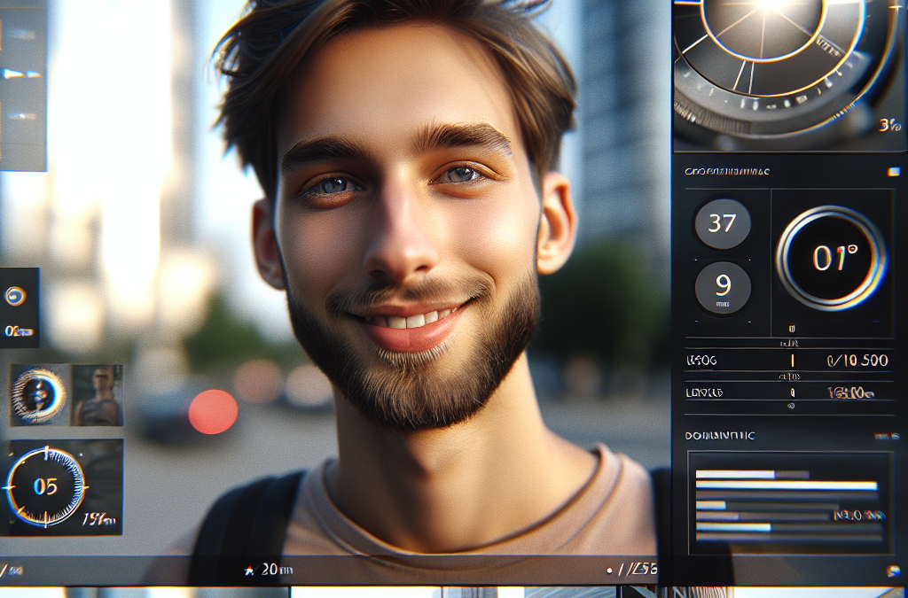A young man with a beard smiles at the camera, surrounded by futuristic digital interface elements overlaying the image, including graphs, dials, and data visualizations. In the background, a blurry cityscape is visible, along with smaller image insets of urban scenes.
