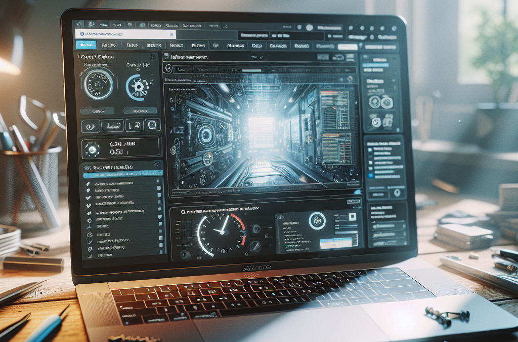 A laptop on a cluttered desk displaying a futuristic interface with data and controls, under a lamp's glow.