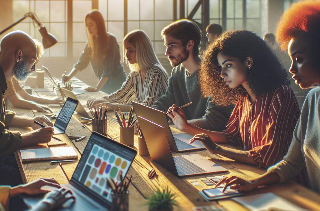 A group of diverse people collaborating at a long wooden table, using laptops, notebooks, and stationery. Sunlight streams through large windows, creating a bright, inspiring workspace atmosphere.