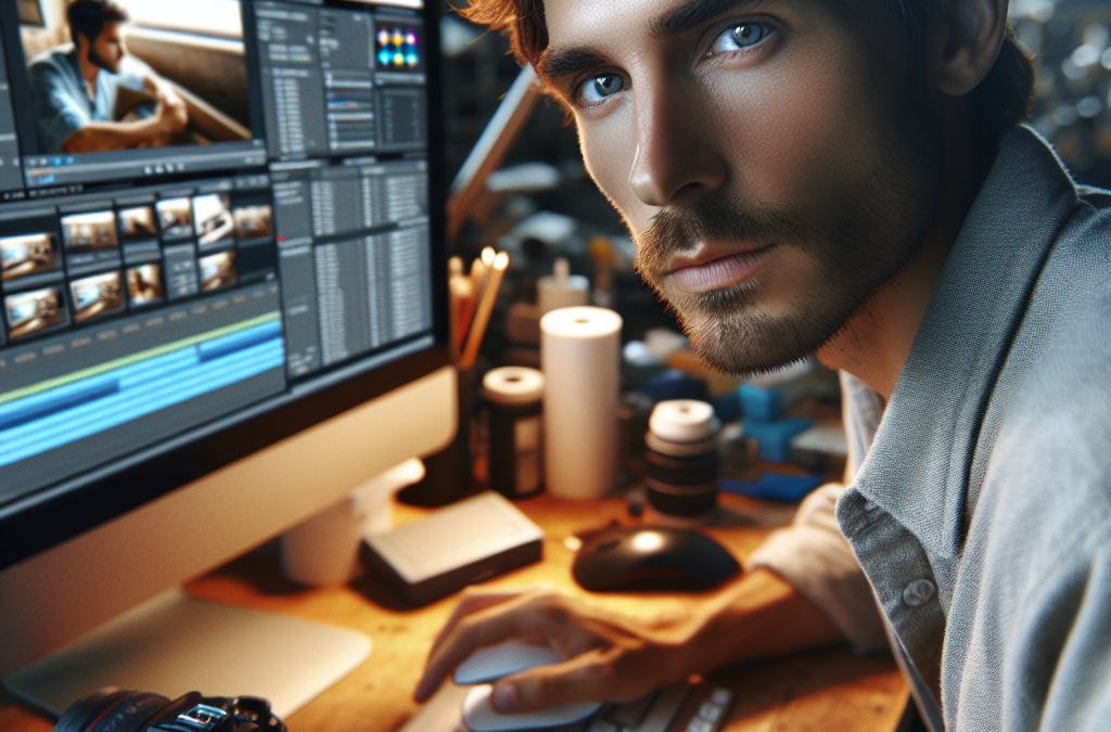 A man using video editing software on a computer, surrounded by camera equipment and editing tools on a desk.