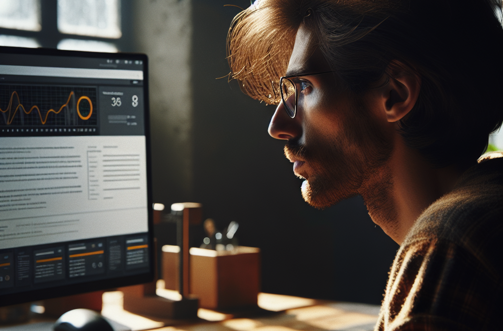 A person wearing glasses is focused on a computer screen displaying graphs and data in a cozy, sunlit room.