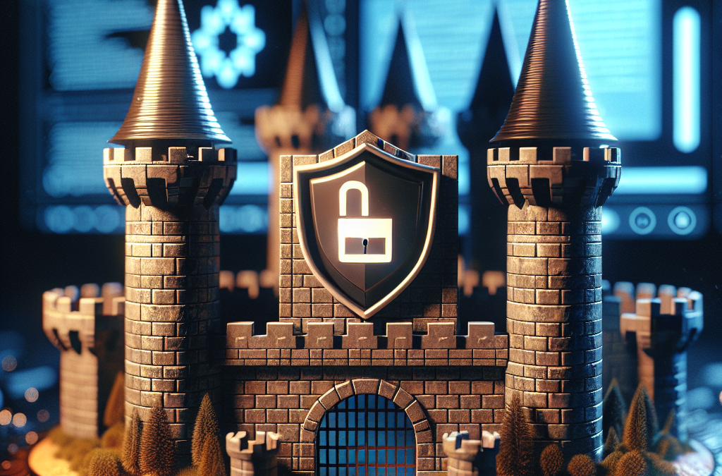 A digital illustration showing a medieval castle with a lock symbol on a shield, representing cybersecurity. The castle is on a circuit board background, symbolizing protection in technology.