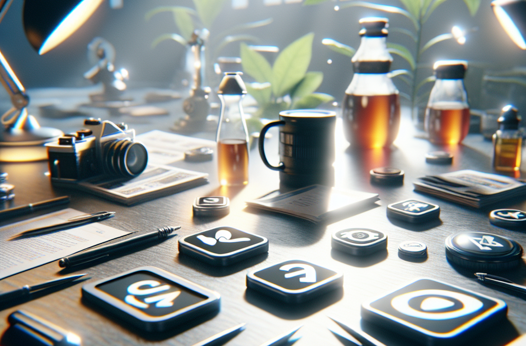 A wooden desk is filled with scattered stationery, a camera, bottles, a coffee mug, and various app icons. Sunlight filters through the windows, casting light on desk lamps and potted plants.