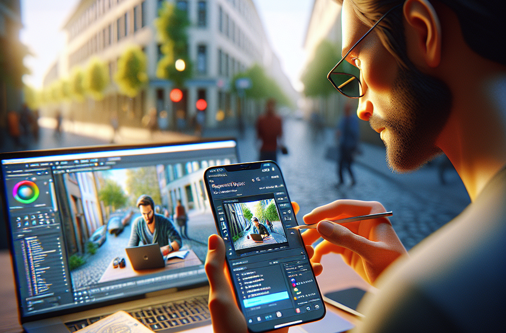 A person is sitting at a table on a city street, using a laptop and smartphone for photo editing. They're holding a stylus, and the laptop screen shows an editing interface. There's a notebook on the table, and the background features a blurred view of buildings and people walking.