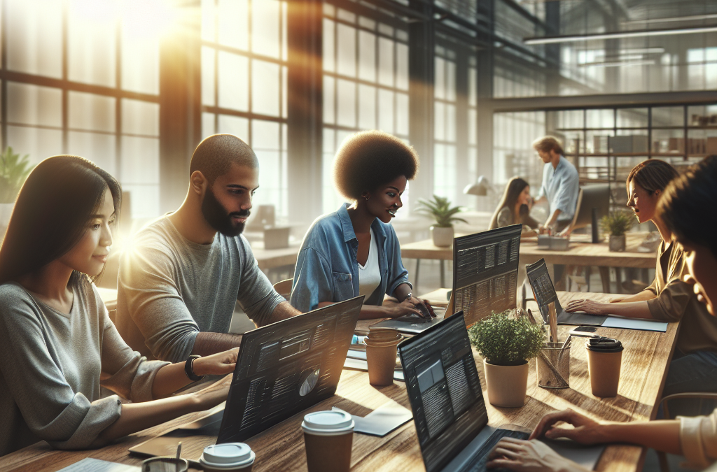 A group of people working on laptops around a large wooden table in a modern, sunlit office space.