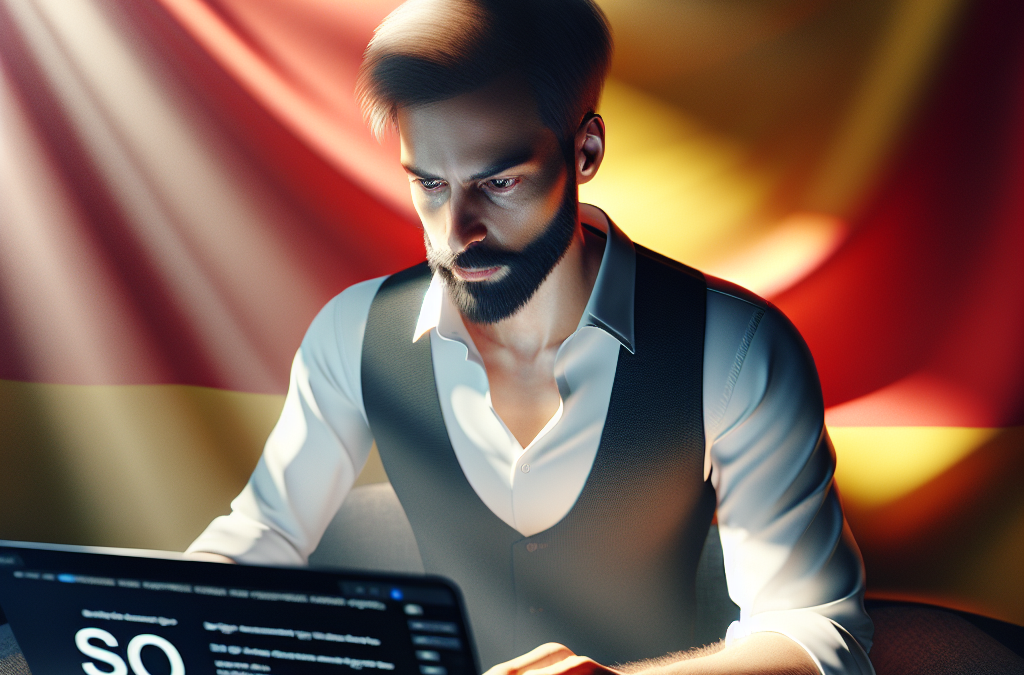 A man with a beard wearing a white shirt and dark vest is focused on a laptop, with a German flag in the background.