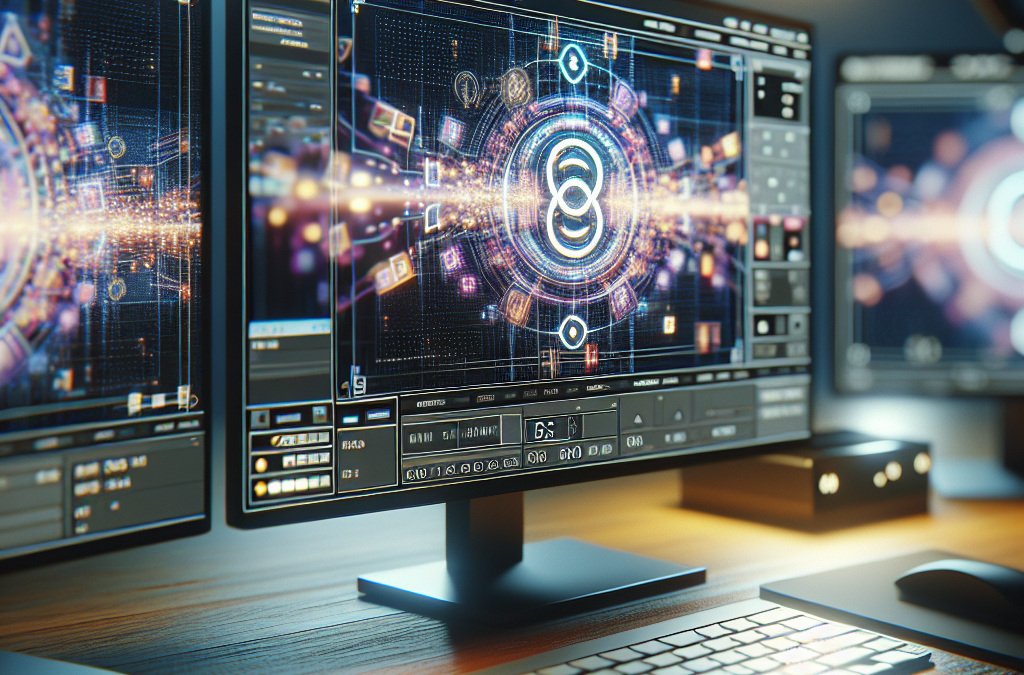 A modern computer setup with three monitors displaying a digital interface featuring futuristic, glowing circular and geometric patterns. The desk holds a keyboard and a mouse, illuminated by desk lamps.