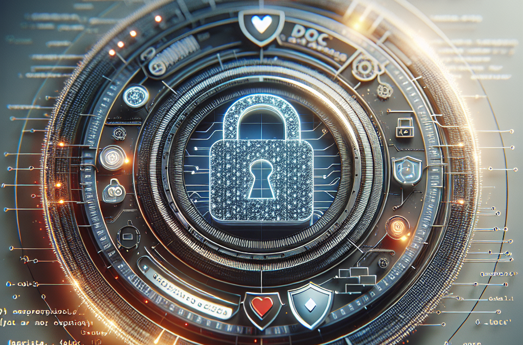 A digital illustration featuring a futuristic lock at the center surrounded by various icons and symbols, suggesting cybersecurity and data protection themes.