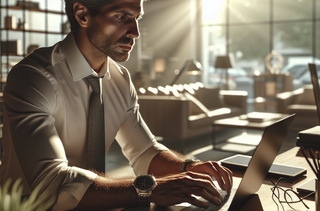 A man in a shirt and tie is focused on working on a laptop at a desk in a sunlit, modern office space.