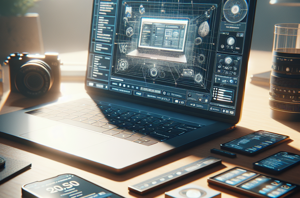 A laptop on a desk displays a complex digital interface, surrounded by various electronic devices such as smartphones, tablets, a camera, and camera lenses, with natural light coming through a window.