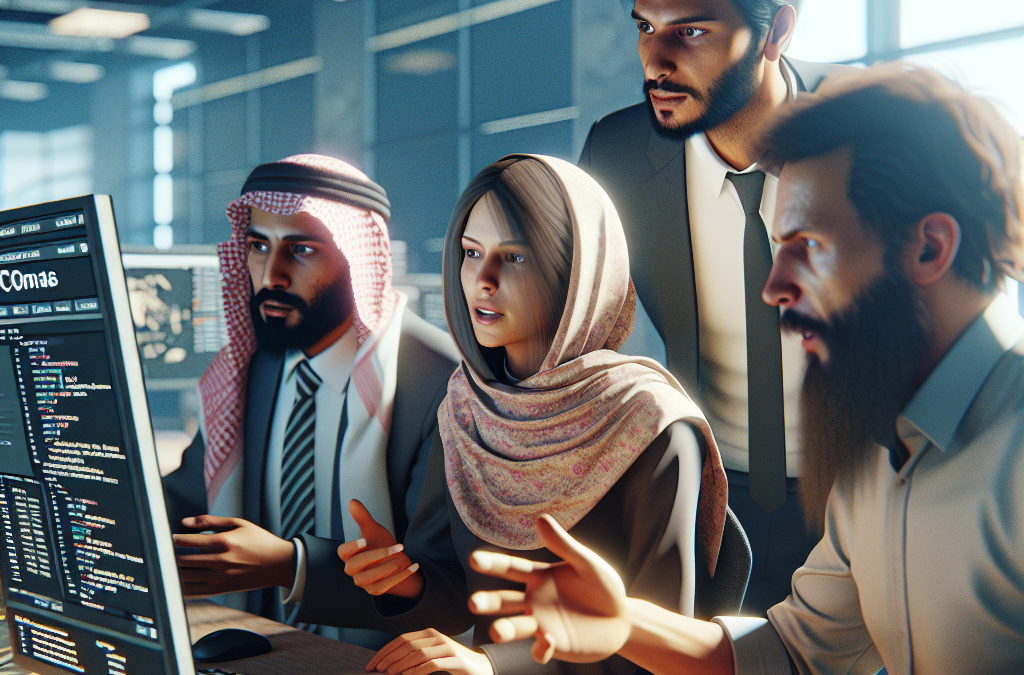 A group of diverse people in business attire are gathered around a computer screen, discussing code displayed on the monitor in an office setting.