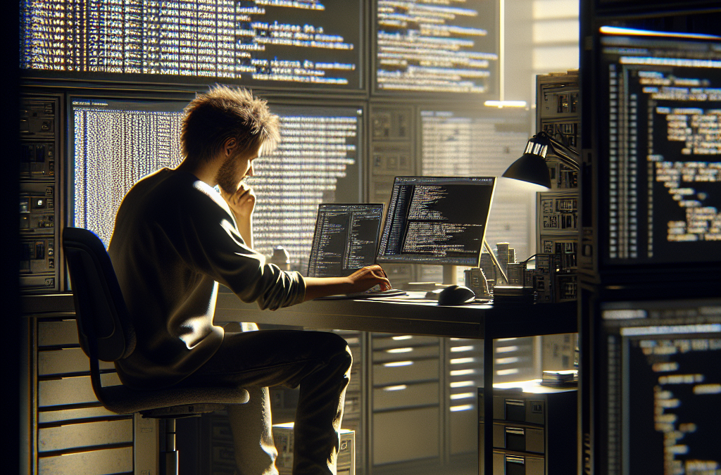 A person in a dimly lit room surrounded by multiple monitors with code displayed, intensely focused on working at a computer desk.