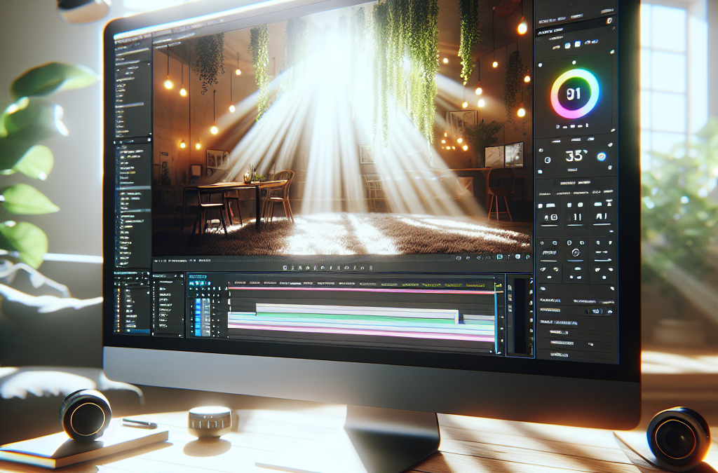 A computer monitor displaying a digital editing software, showing a design of an interior space with plants and light rays. The setup includes a keyboard, mouse, and speakers on a wooden desk.