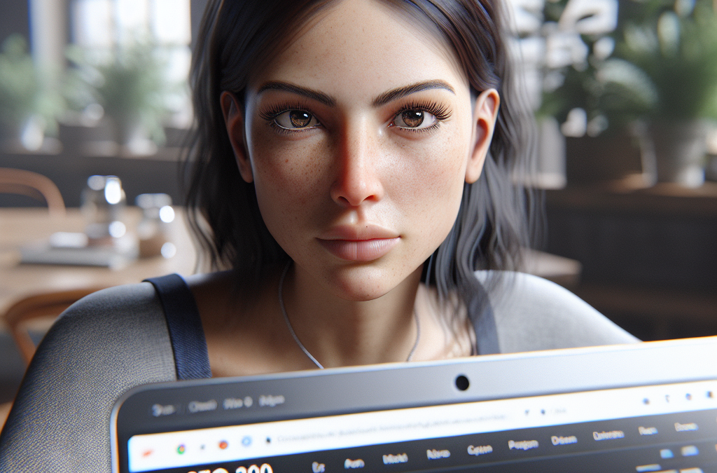 A woman with brown hair looks directly at the camera while holding a laptop displaying SEO analytics with charts and data. The background shows a blurred cafe setting with plants and natural light.