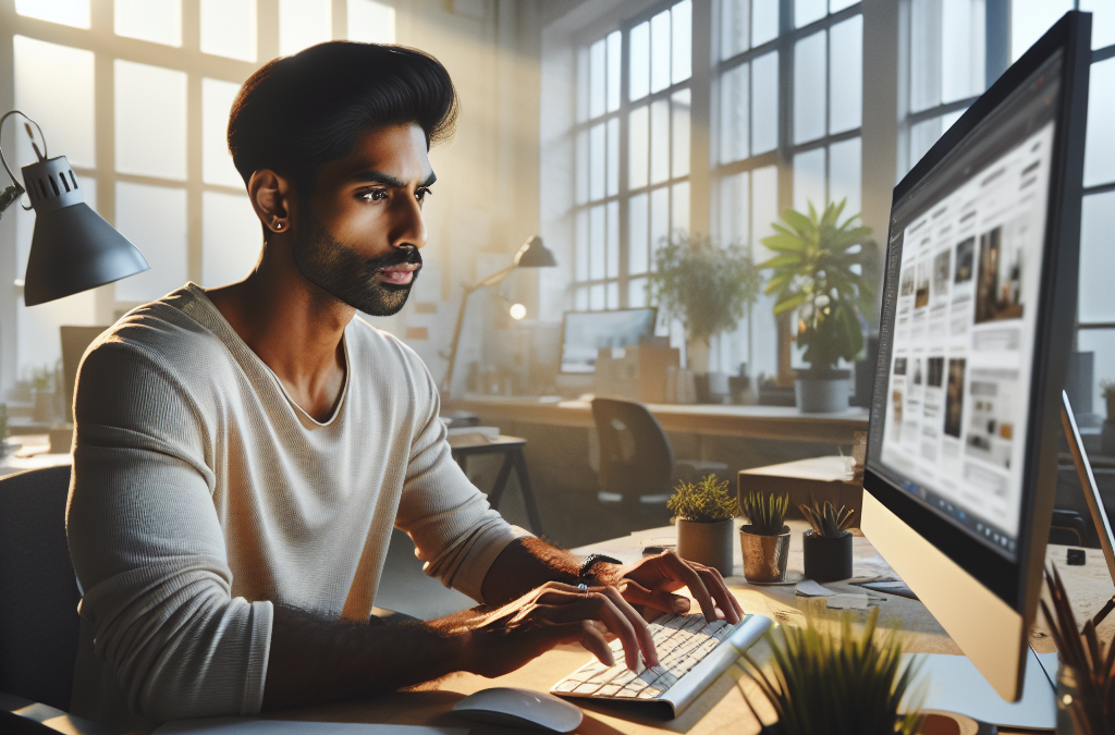 A man working on a computer in a modern office with large windows and plants around him.