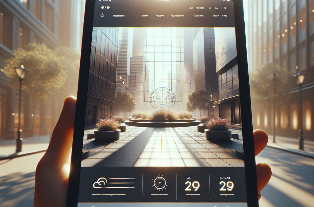 Hand holding a tablet displaying an augmented reality view of a plaza with modern buildings, a central sculpture, and potted plants. The screen shows weather information with clear skies and a temperature of 29°C.