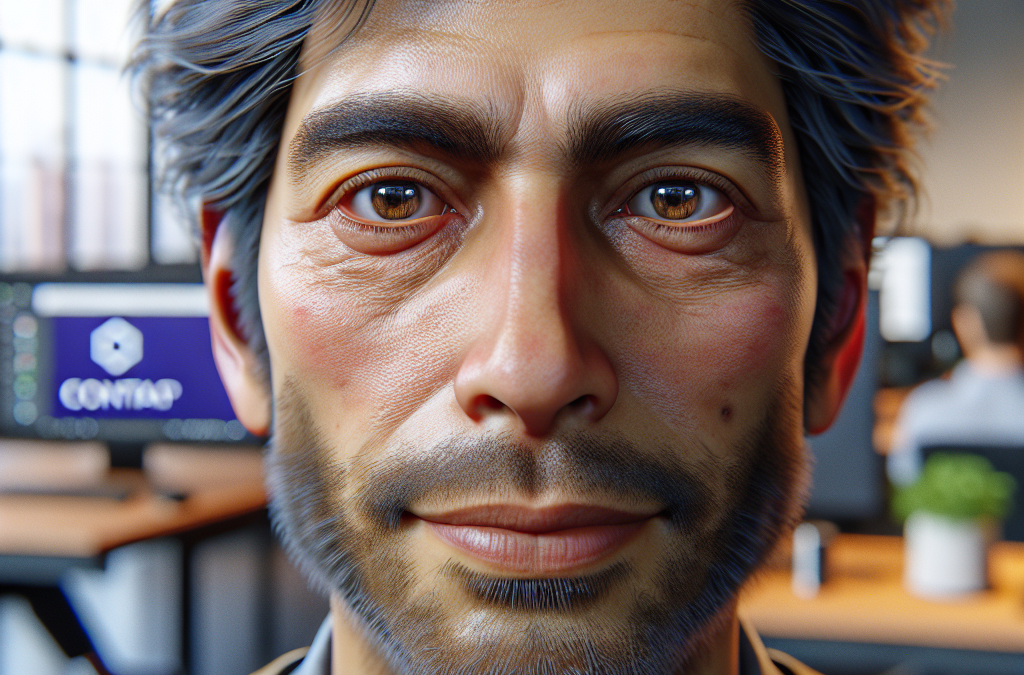A digitally rendered image of a man with a rugged, detailed face, scruffy facial hair, and a slightly tousled hairstyle. The background shows an office setting with blurred figures and computer screens.